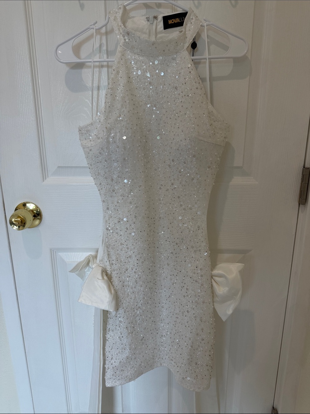 Fashion Nova White Sequin Halter Mini Dress with Side Bows - Picture 5 of 6